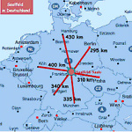 Deutschlandkarte mit Entfernungsangaben zu den St�dten Hamburg, Berlin, K�ln, Stuttgart, M�nchen, Prag