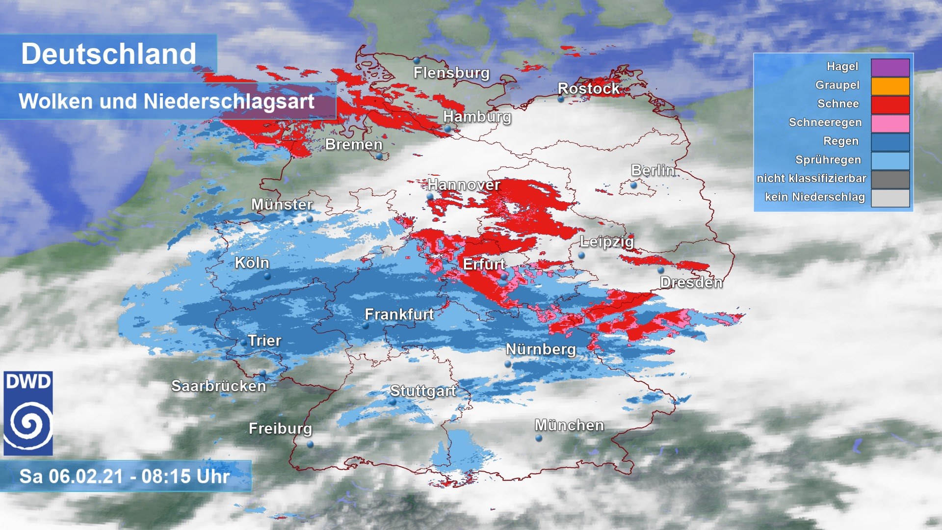 2021-02-06 Wetterkarte - Wolken und Niederschlagsart